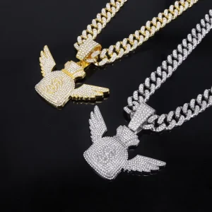 Winged Money Bag Charm Pendant and Cuban Link Chain Set, 14K Gold Plated Zinc Alloy, Full CZ, Unisex