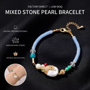 Wire Wrapped Baroque Pearl Bracelet 14K Gold Plated Mixed Gemstone Low MOQ Factory Direct