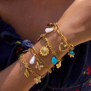 Women Double Layer Evil Eye Charm Bracelet Butterfly Flower Pendant 18K Gold Acrylic Pearls Diamonds