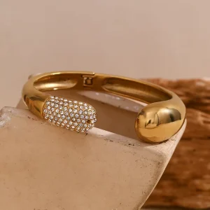 Women Gold Half Crystal Paved Twisted Hinged Cuff Bangle 316L Stainless Steel Bracelet