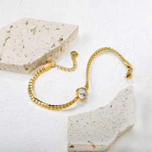 Women Gold Plated Crystal Cuban Chain Charm Bracelet 316L Stainless Steel