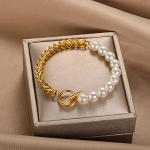 Women OT Bracelet Stainless Steel Franco Chain Bracelet Pearl Bracelet