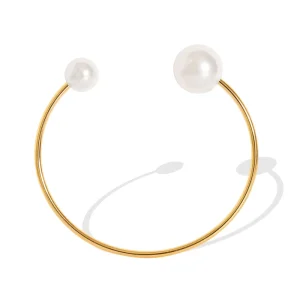 Women’s 18K Gold Plated 316L Titanium Steel Stainless Steel Pearl Diamond Number Pattern Bangles