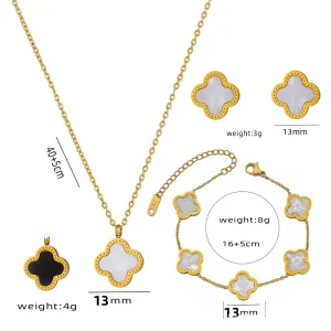 Women’s 18K Gold Plated Stainless Steel Shell Three Piece Jewelry Set Four Leaf Clover Design Premium Bracelet Stud Earrings