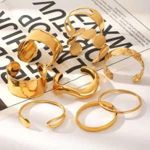 Women’s 18K Gold Plated Stainless Steel Wide Surface Open Adjustable Cuff Bangle Set