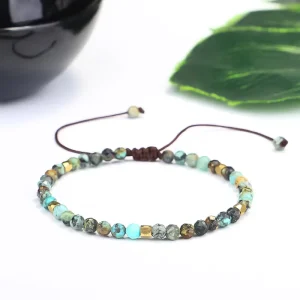 Women’s 4mm Faceted African Turquoise and Irregular Copper Bead Bracelet Drawstring Braided Design