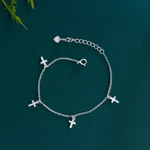 925 Sterling Silver Chain Link Cross Charm Bracelet for Girls