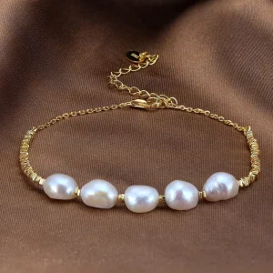 Women’s 925 Sterling Silver Freshwater Pearl Bead Bracelet with Rhodium or 14K Gold Plating