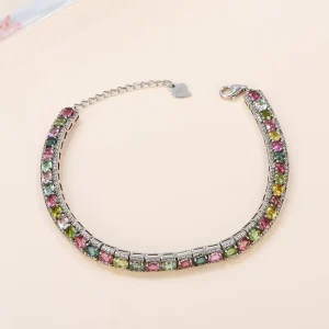 Women’s 925 Sterling Silver Natural Crystal Charm Bead Rhodium-Plated Chain-Link Bracelet