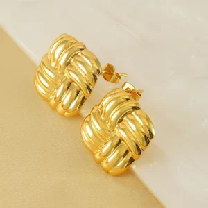 Women’s Accessories 18k Gold Plated Stainless Steel Square Texture Design Elegant Stud Earrings