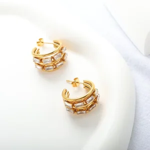 Women’s C-Shaped Electroplated Diamond-Encrusted Zircon Flower Stud Earrings