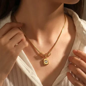 Women’s Diamond-Encrusted Heart-Shaped Pendant Stainless Steel Bamboo Chain Sweater Necklace