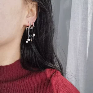 Women’s Elegant Five Pointed Star Tassel Earrings Pure Silver Long Style Ear Clips Fine Hoop