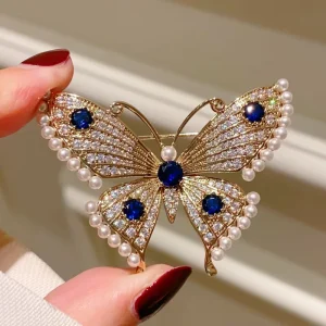 Women’s French Butterfly Brooch with Pearl and Rhinestones