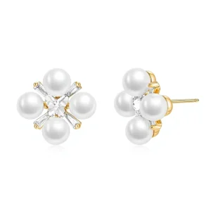 Women’s French-Inspired Vintage Pearl Butterfly Stud Earrings with Sparkling Diamond Accents