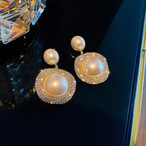 Women’s Gold Big Pearl Cubic Zirconia Wedding Drop Earrings