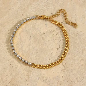 Women’s Gold Plated Bracelet 316L Stainless Steel Jewelry 18k PVD Gold Bangles Half Link Cuban Chain Fine Patchwork