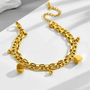 Women’s Gold Two-Layer Paperclip Chain Bracelet with Cube Ball Charms, 316L Stainless Steel
