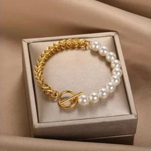 Women’s Pearl Bracelet Electroplated with 18K Gold Stainless Steel Chain