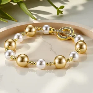 Women’s Pearl Copper Glass Beaded Adjustable Romantic Style Gold Bracelet