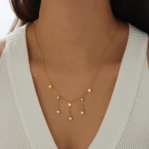 Women’s Pearl Gold-Plated Chain Tassel Five-Pointed Star Necklace