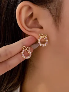 Women’s Pink Crystal Bow Stud Earrings with Faux Pearl Flower Alloy