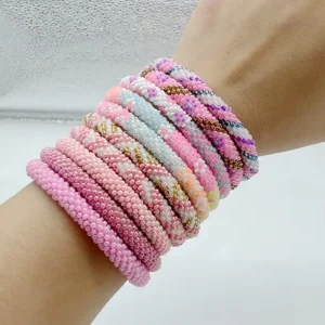 Women’s Pink Diffusing Bead Woven Nepalese Ethnic Style Beaded Bangle Versatile Fresh Fashion Bracelet