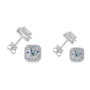 Women’s Punk Moissanite Stud Earrings Square Geometric Design Rhodium Plated 925 Sterling Silver Claw Setting