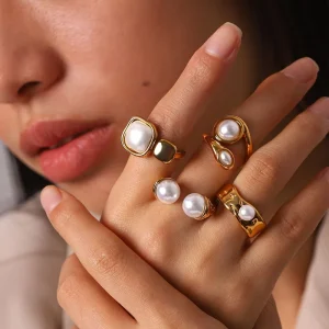 Women’s Retro 304/316L Stainless Steel Pearl Ring, 18K Gold-Plated, Bezel-Set