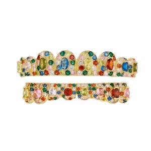 Women’s Rose Gold-Plated Brass Grillz Set with Colored Diamonds, Cubic Zirconia, Top 8 Bottom 8