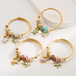 Women’s Seaside Vacation Shell-Encrusted Stainless Steel Charm Bracelet with Starfish and Turtle Pendants and Diamond Accents