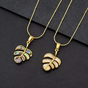 Women’s Stainless Steel Golden Leaf Shell Geometric Power Blade Chain Collarbone Necklace