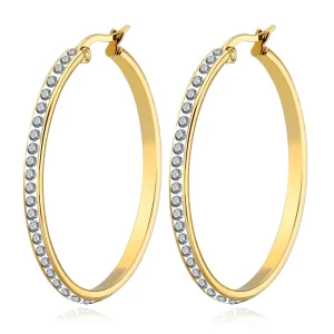Women’s Stainless Steel Hoop Earrings 18K Gold-Plated with Round Zircon Stone for Parties