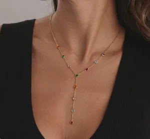 Women’s Stainless Steel Y-Shape Tassel Necklace with Zircon, Waterproof Rainbow Crystal, Colorful Choker