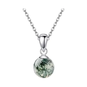 Women’s Sterling Silver Natural Gemstone Ball Pendant Necklace Moss Agate Rose Quartz Opal
