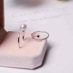Women’s Trendy 925 Silver Freshwater Pearl Ring Classic Simple Blue Zircon Resizable Fashion Jewelry