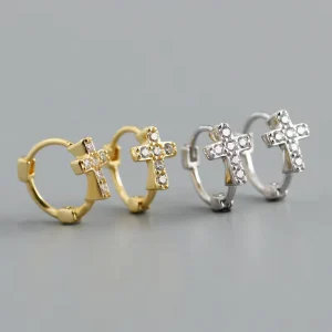 Women’s Trendy 925 Sterling Silver Cross CZ Hoop Earrings Fine Gold Plated Jewelry for Weddings & Parties