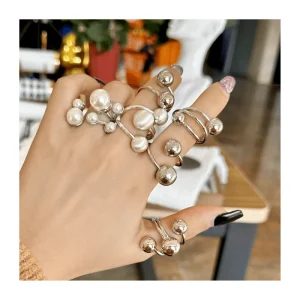 Women’s Trendy Smooth Shining Pearl Thermosphere Ball Shape Ring Silver Plated Copper Adjustable with Wire Drawing Feature