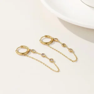 Women’s Zircon Tassel Earrings, 18K Gold-Plated Stainless Steel, Geometric Design