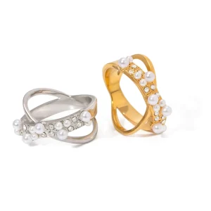 X-Shaped Zirconia Ring 18K Gold-Plated Stainless Steel Pearl Statement Ring