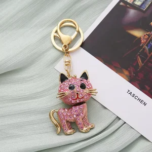 Zinc Alloy Cat Keychain Charm with Rhinestone Detail, Pet Bag Pendant