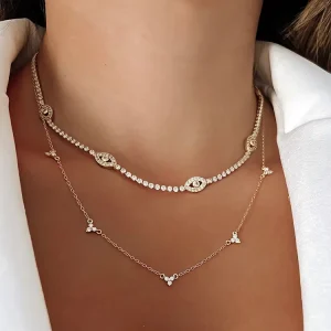 Zircon Chain Choker Necklace for Women 925 Sterling Silver Station Evil Eye