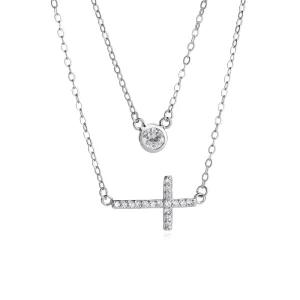 Zircon Cross-Shaped S925 Layered Pure Silver Diamond Pendant Necklace