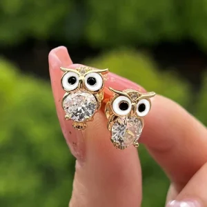Zircon Owl Stud Earrings Gold Color for Women