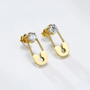 Zircon Paper Clip-Shaped Stainless Steel Gold-Plated Statement Stud Earrings