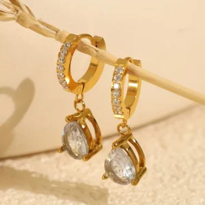 Zircon Water Drop Hoop Earrings Titanium Steel Double-Circle Earrings