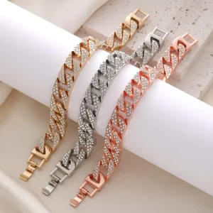 Zirconia Bracelet Classic Style Fine Gold Silver Plated Alloy Zircon Jewelry Cuban Link Chain Bangle