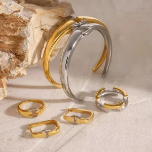 High-Polish Stainless Steel Multicolor Minimalist Earrings, Bracelet, and Ring Set