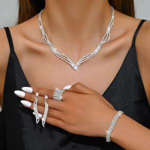 Custom Women’s Diamond Pendant Multi-Layer Necklace, Earrings and Bracelet Set, Suitable for Wedding Gifts