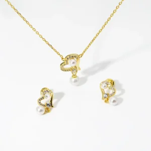 Pearl Heart Pendant Necklace and Earrings Set, Gold-Plated Silver with Freshwater Pearls for Women